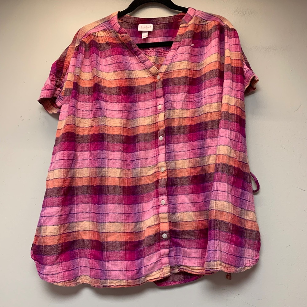Isabel Maternity Blouse Women Small Pink Plaid Excellent Side Tie Button Down
